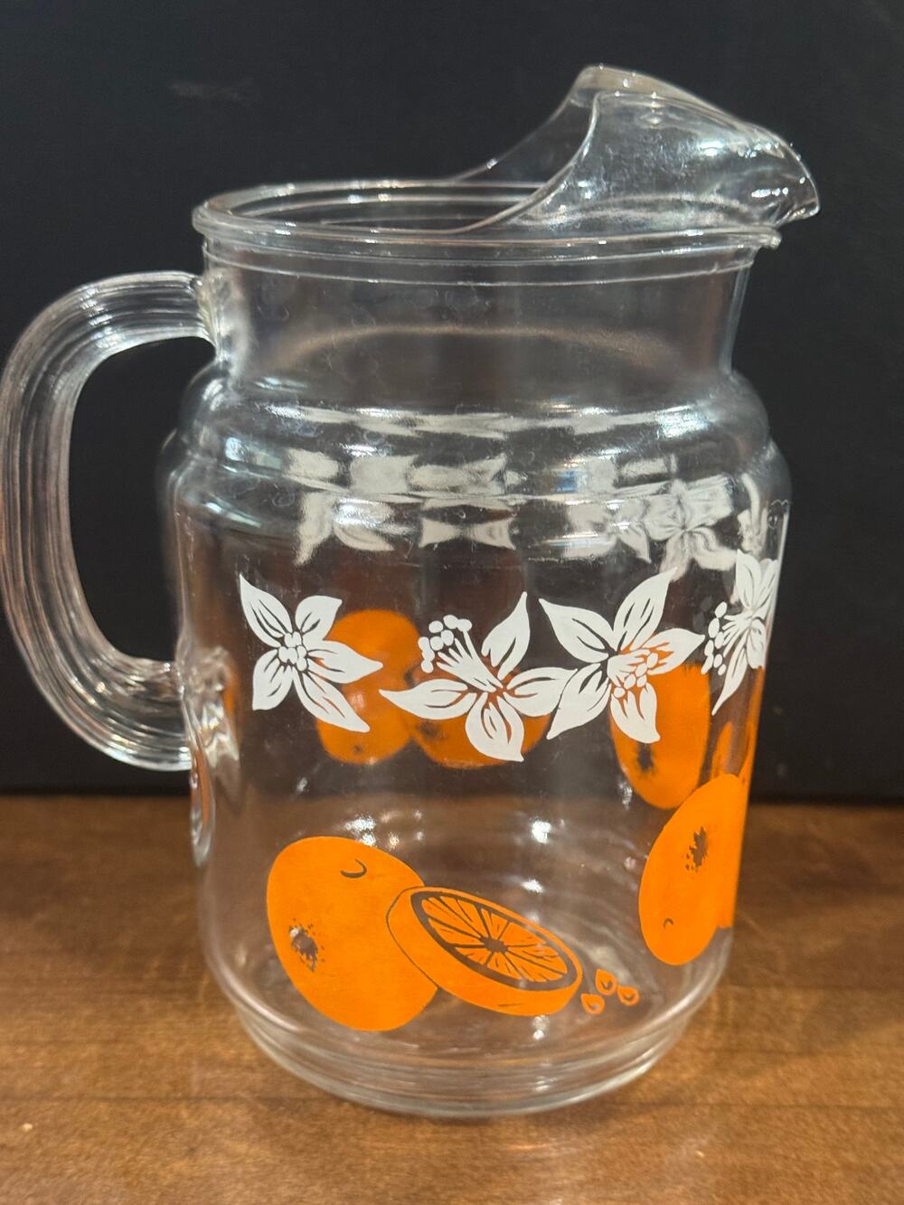 Vintage Mid Century Glass Juice Pitcher Orange Blossom Cottagecore Farm Kitchen